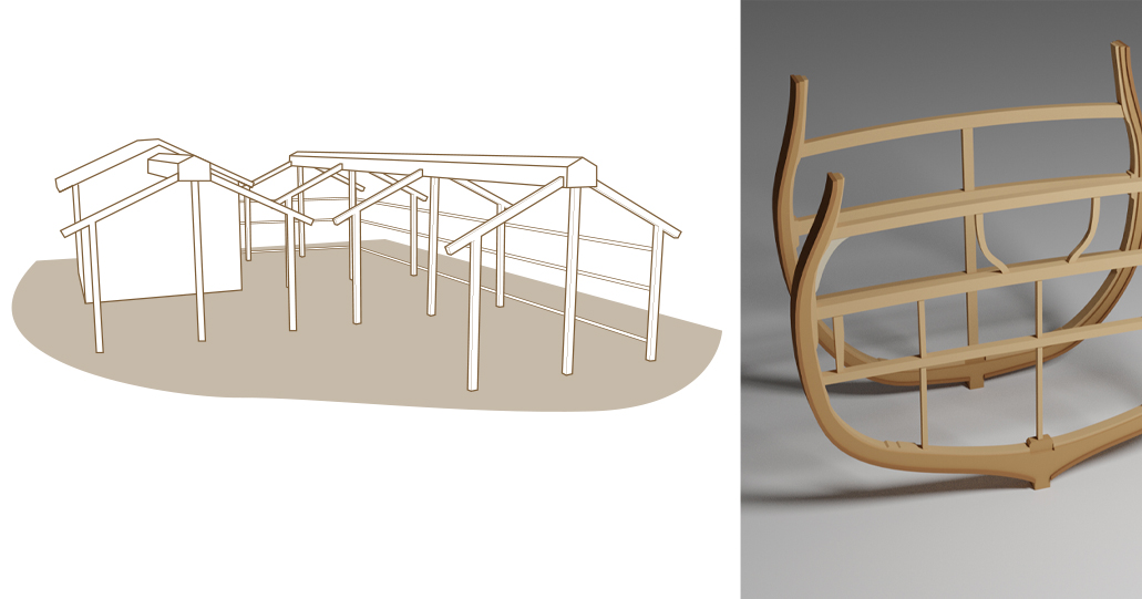 3D illustration av hus och båt
